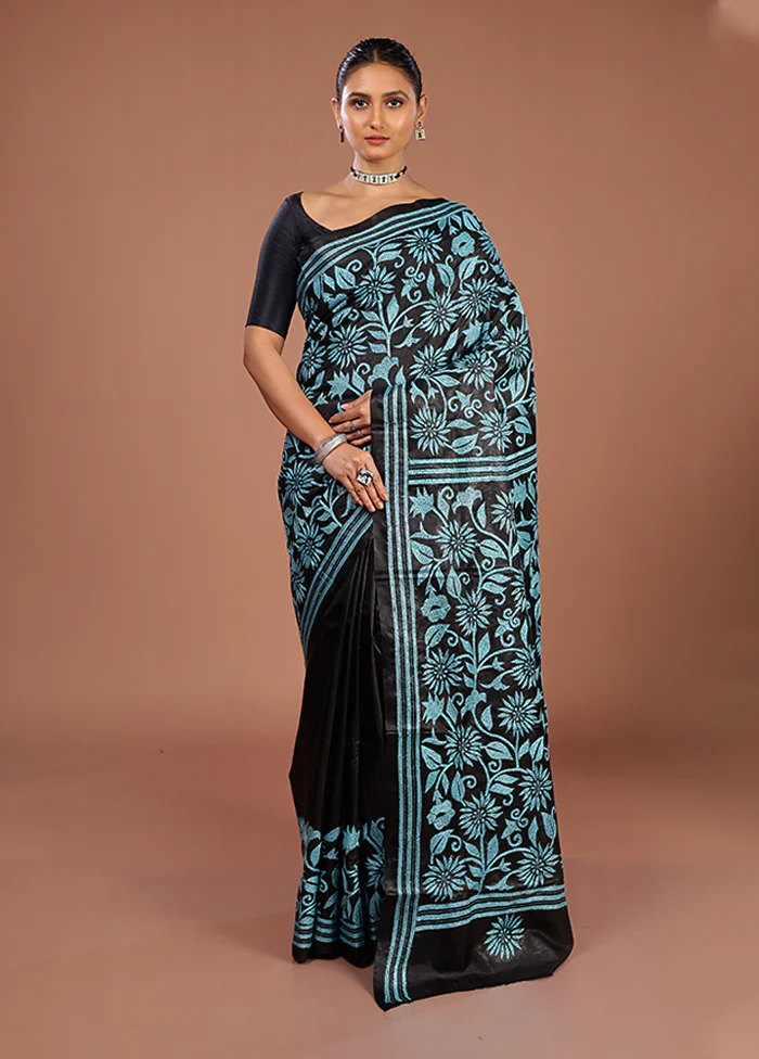 Black Handloom Kantha Stitch Pure Silk Saree With Blouse Piece - Image 2