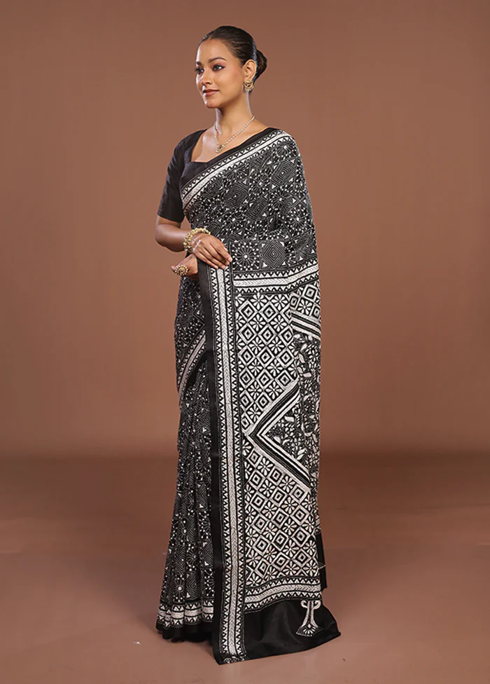 Black Handloom Kantha Stitch Pure Silk Saree With Blouse Piece - Image 4