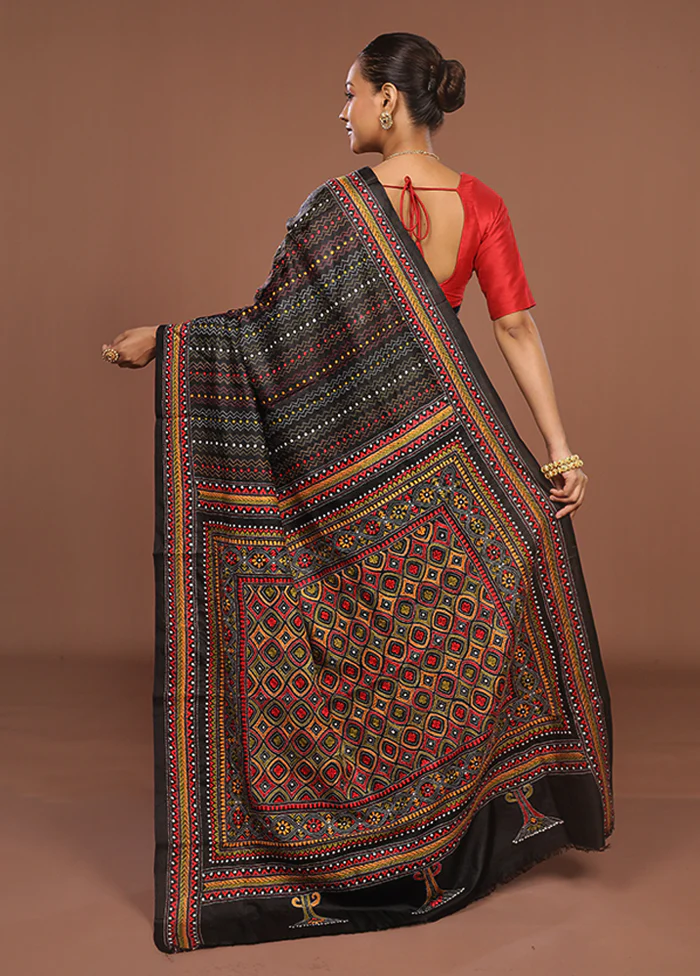 Black Handloom Kantha Stitch Pure Silk Saree With Blouse Piece - Image 3