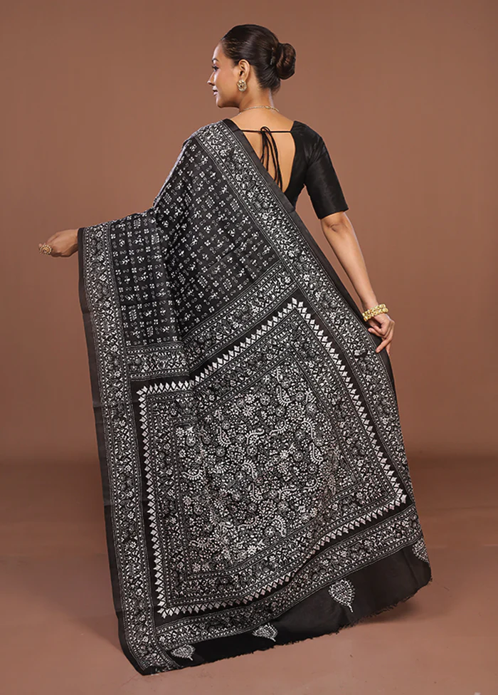 Black Handloom Kantha Stitch Pure Silk Saree With Blouse Piece - Image 3