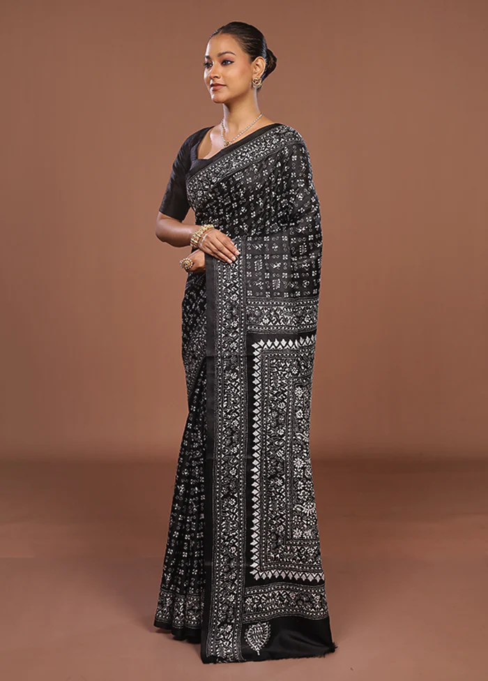 Black Handloom Kantha Stitch Pure Silk Saree With Blouse Piece - Image 4