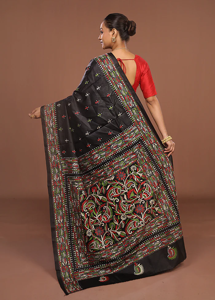 Black Handloom Kantha Stitch Pure Silk Saree With Blouse Piece - Image 3