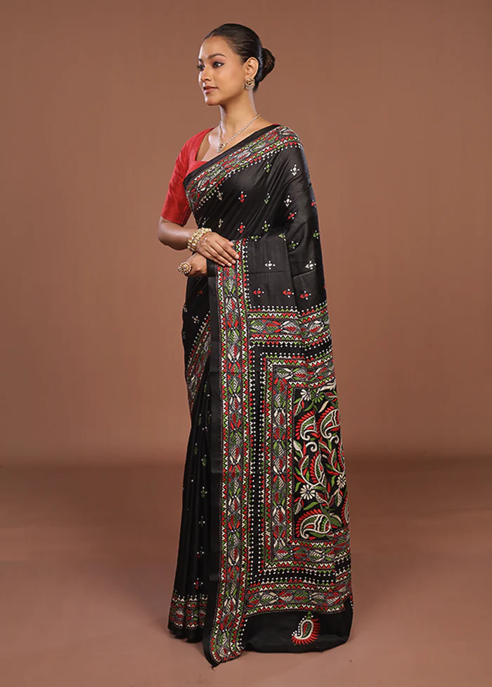Black Handloom Kantha Stitch Pure Silk Saree With Blouse Piece - Image 4