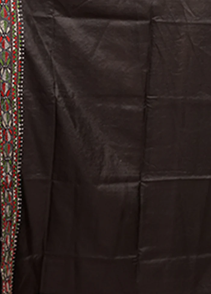 Black Handloom Kantha Stitch Pure Silk Saree With Blouse Piece - Image 5