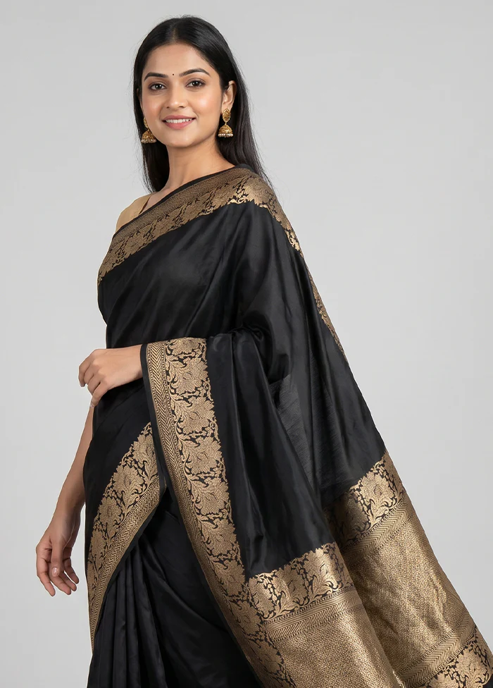 Black Handloom Katan Pure Silk Saree With Blouse Piece - Image 2