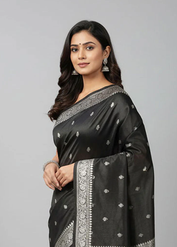 Black Handloom Katan Pure Silk Saree With Blouse Piece - Image 2