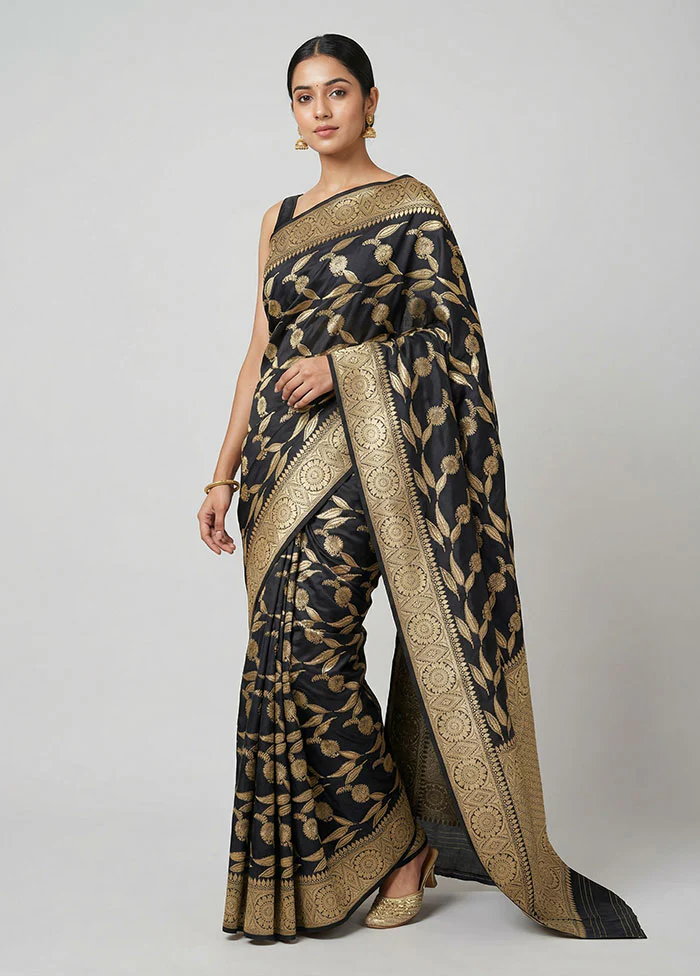 Black Handloom Katan Pure Silk Saree With Blouse Piece