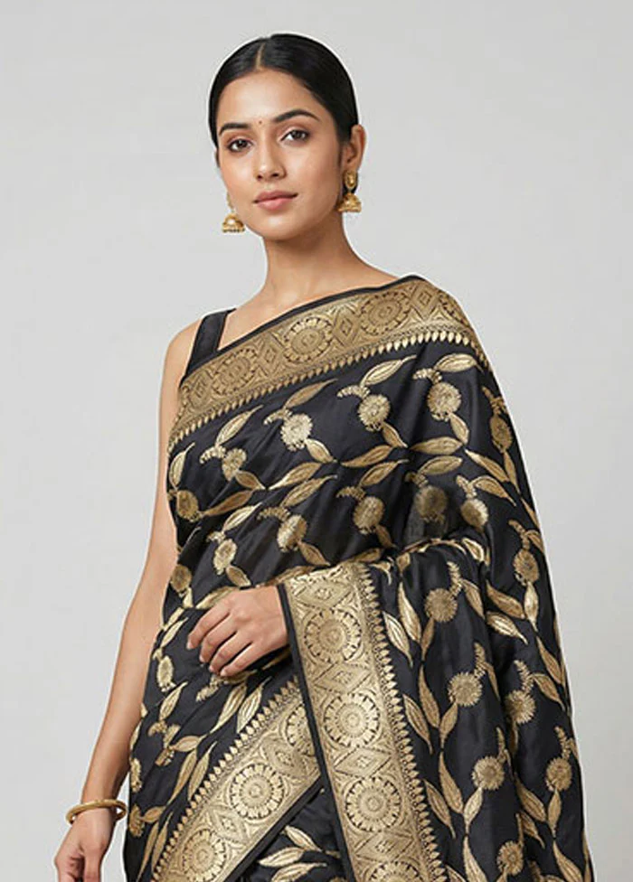 Black Handloom Katan Pure Silk Saree With Blouse Piece - Image 2