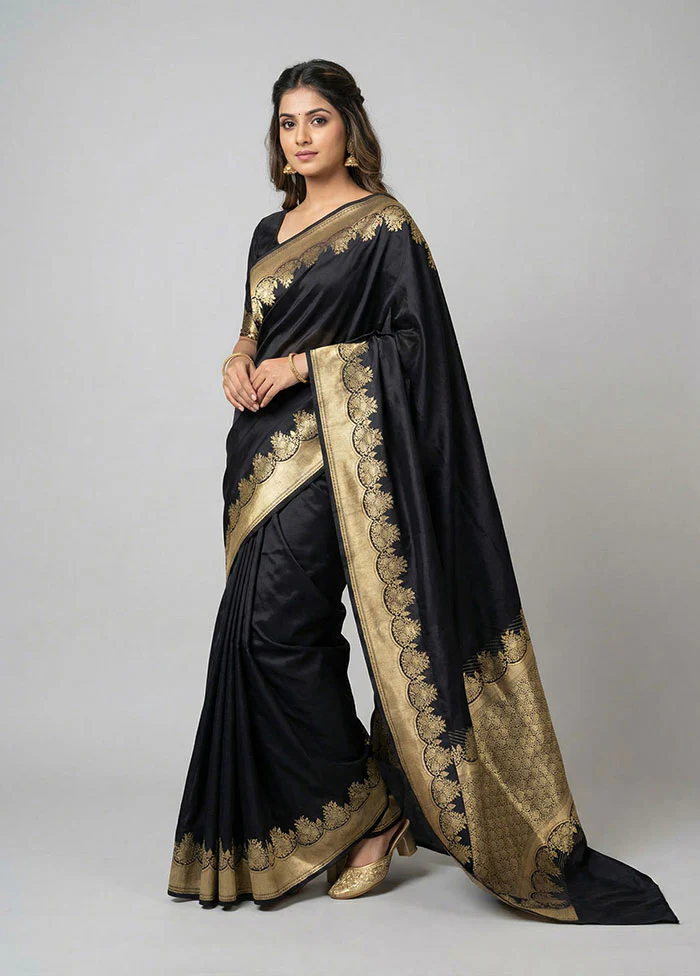 Black Handloom Katan Pure Silk Saree With Blouse Piece