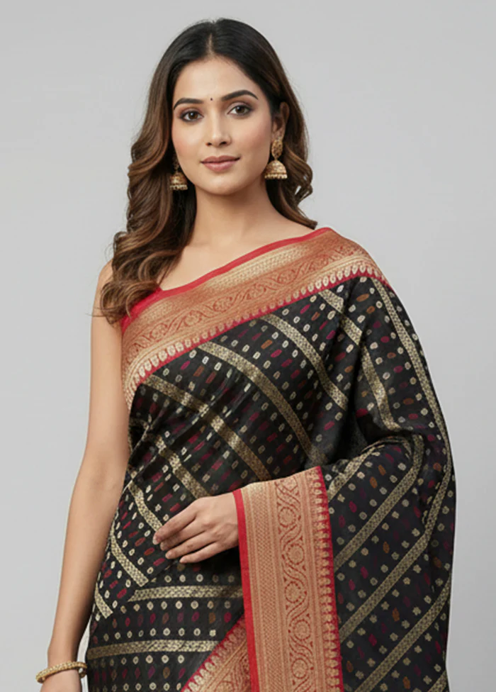 Black Handloom Katan Pure Silk Saree With Blouse Piece - Image 2