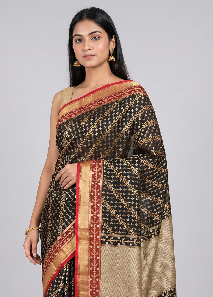 Black Handloom Katan Pure Silk Saree With Blouse Piece - Image 2