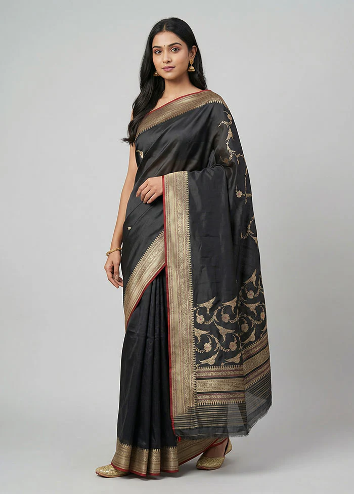 Black Handloom Katan Pure Silk Saree With Blouse Piece