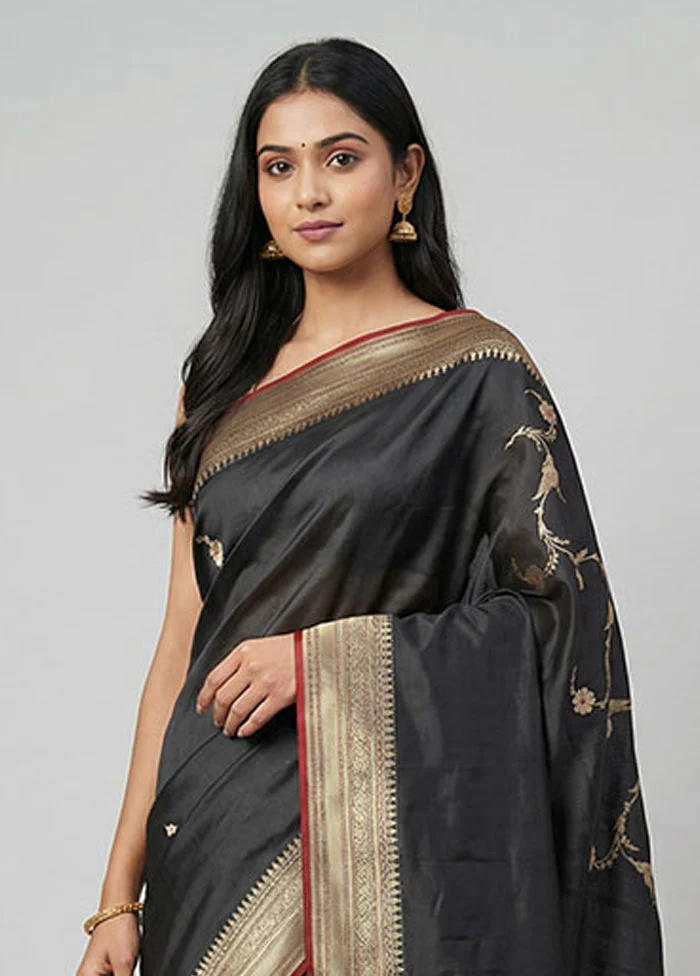 Black Handloom Katan Pure Silk Saree With Blouse Piece - Image 2