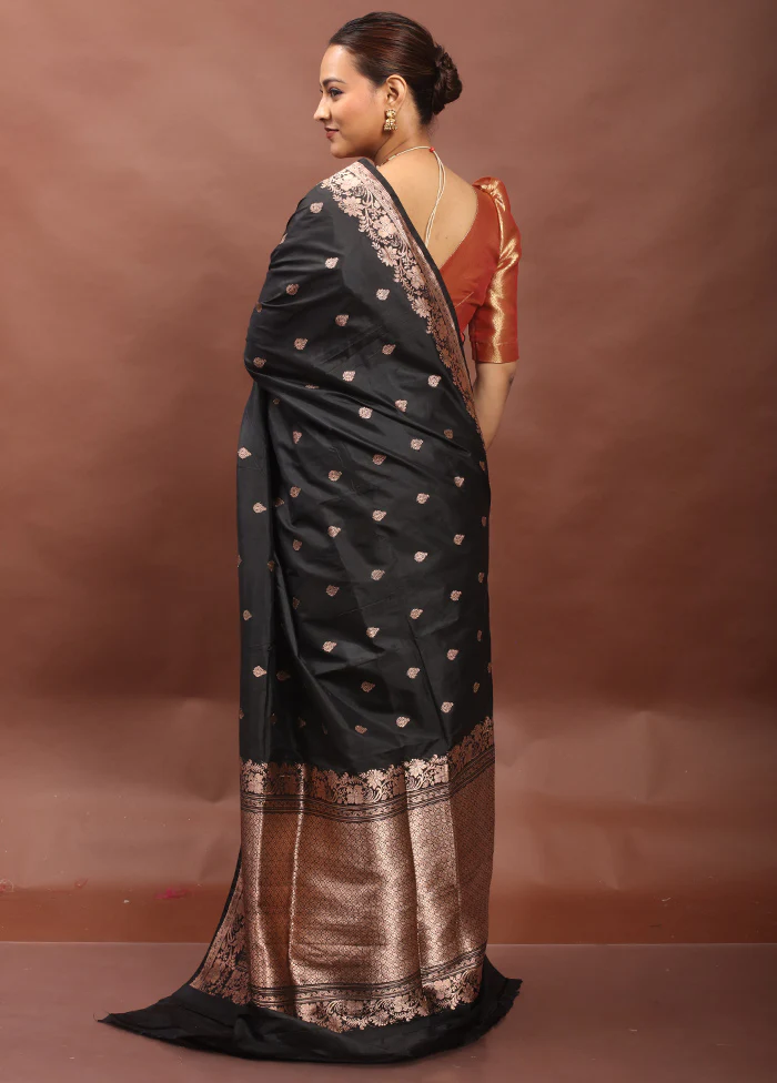 Black Handloom Katan Pure Silk Saree With Blouse Piece - Image 3