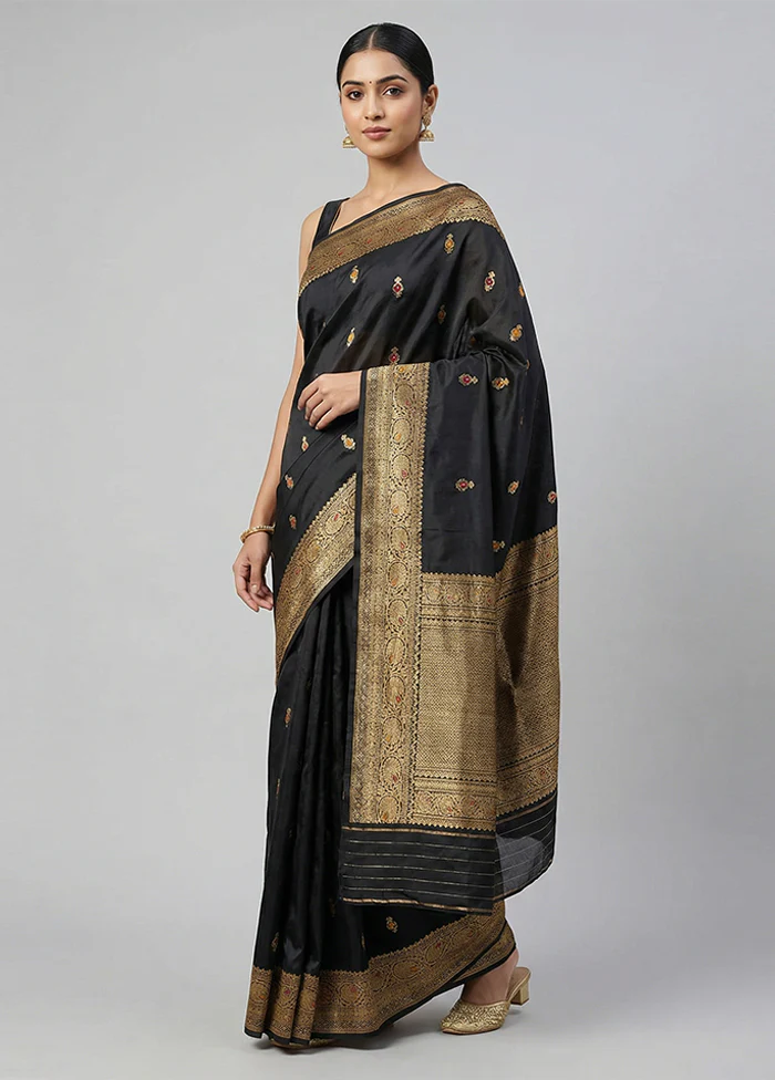 Black Handloom Katan Pure Silk Saree With Blouse Piece