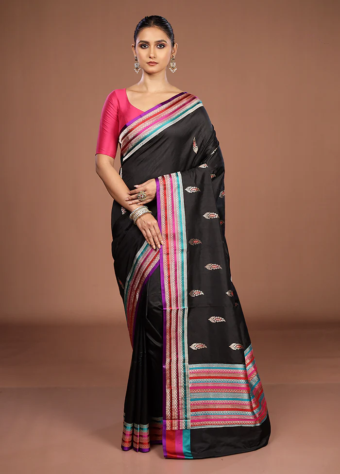 Black Handloom Katan Pure Silk Saree With Blouse Piece - Image 2