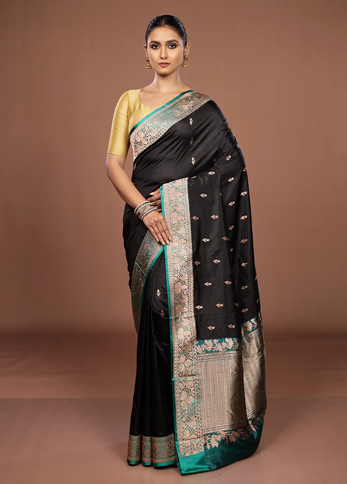 Black Handloom Katan Pure Silk Saree With Blouse Piece - Image 2