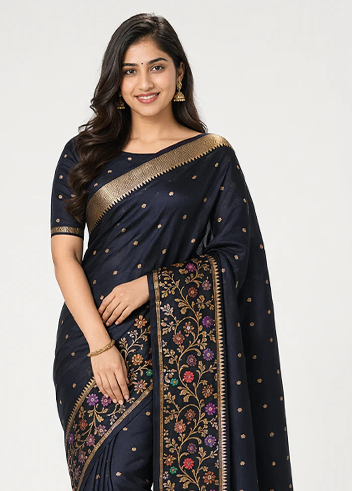 Black Handloom Katan Pure Silk Saree With Blouse Piece - Image 2