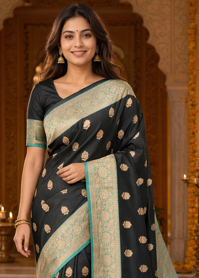 Black Handloom Katan Pure Silk Saree With Blouse Piece - Image 2
