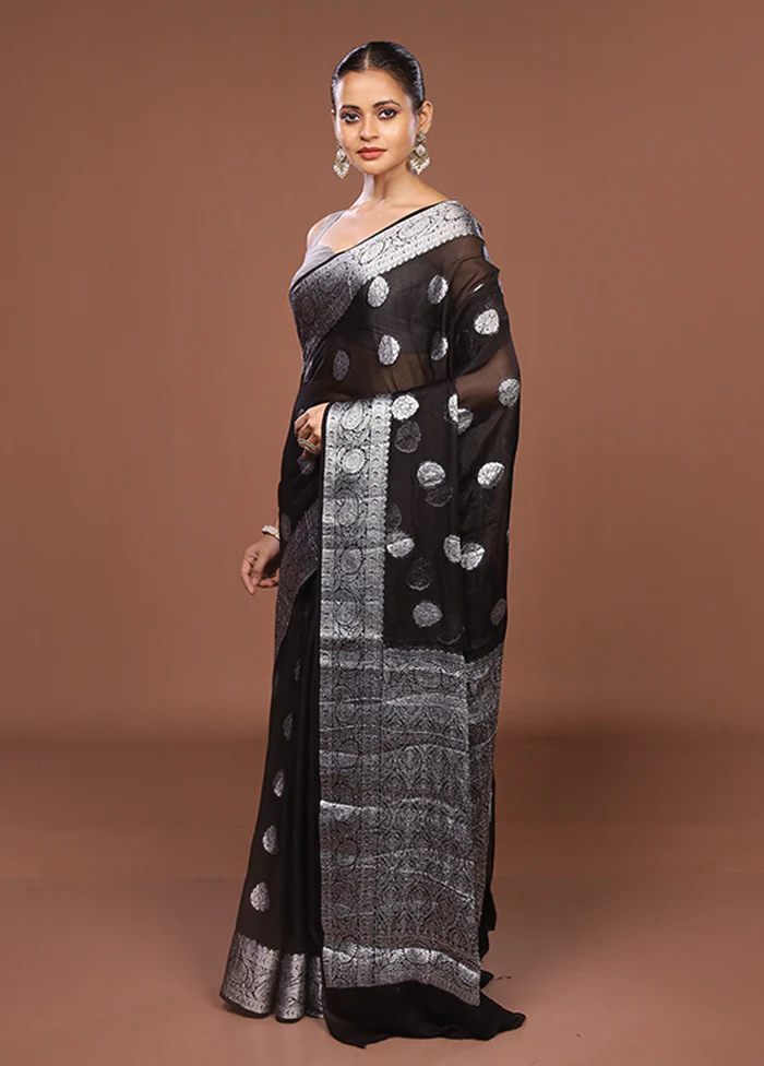 Black Handloom Kora Silk Saree With Blouse Piece - Image 4