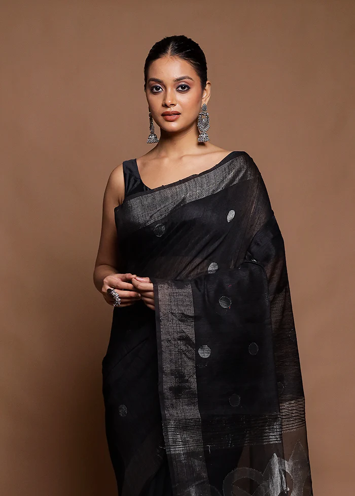 Black Handloom Matka Pure Silk Saree With Blouse Piece - Image 2