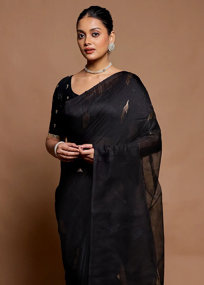 Black Handloom Matka Pure Silk Saree With Blouse Piece - Image 2