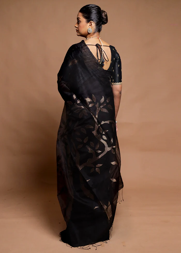 Black Handloom Matka Pure Silk Saree With Blouse Piece - Image 3