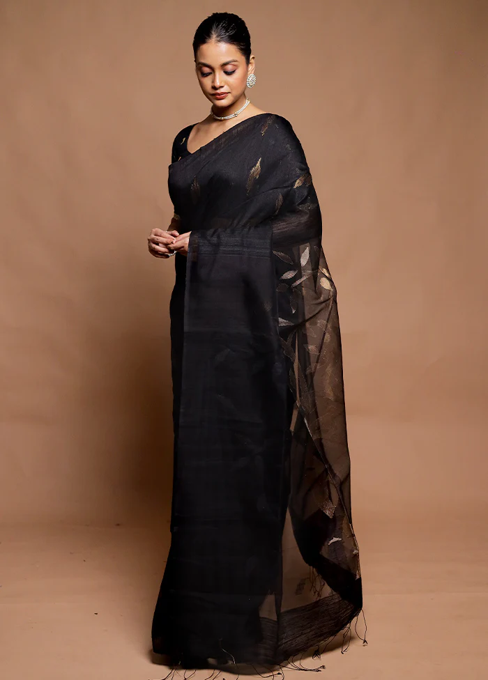 Black Handloom Matka Pure Silk Saree With Blouse Piece - Image 4