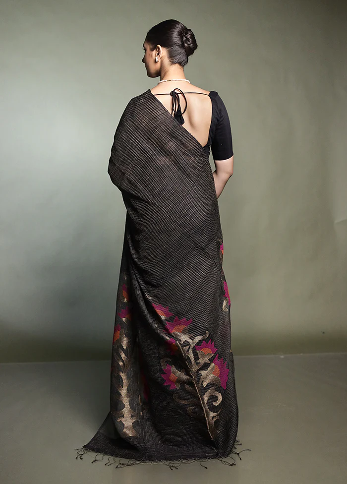 Black Handloom Matka Pure Silk Saree With Blouse Piece - Image 3