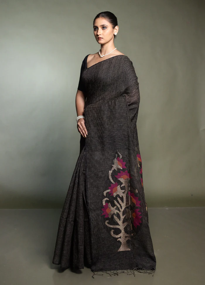 Black Handloom Matka Pure Silk Saree With Blouse Piece - Image 4