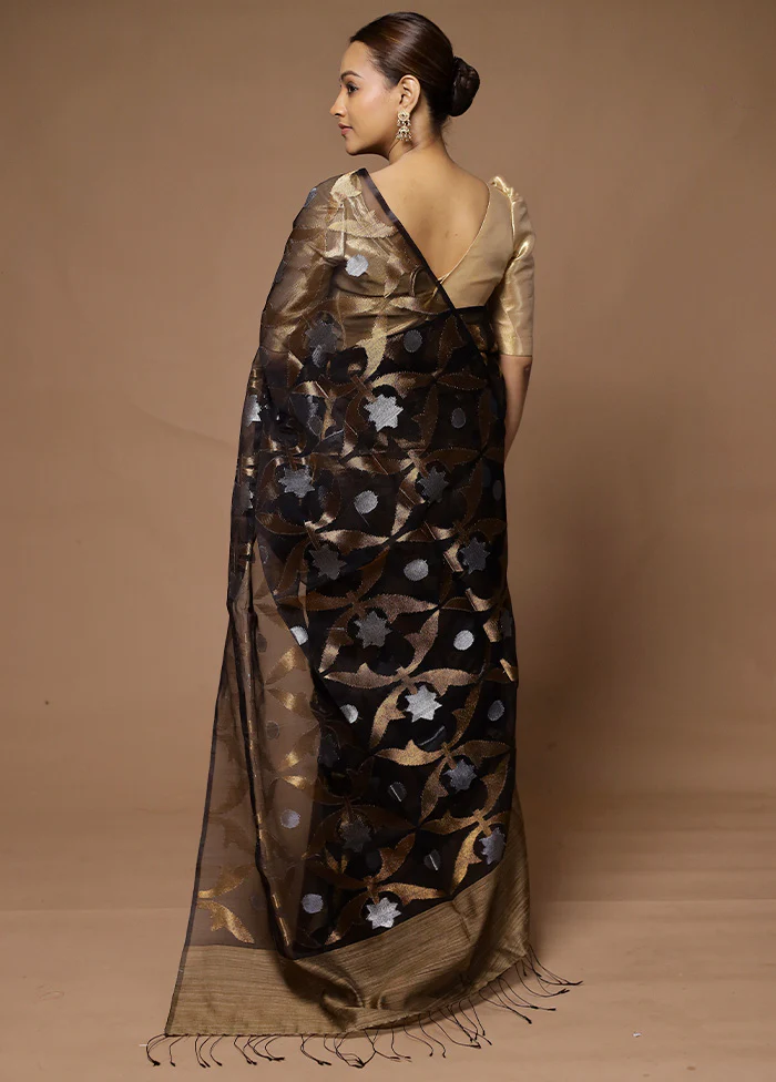 Black Handloom Matka Pure Silk Saree With Blouse Piece - Image 3