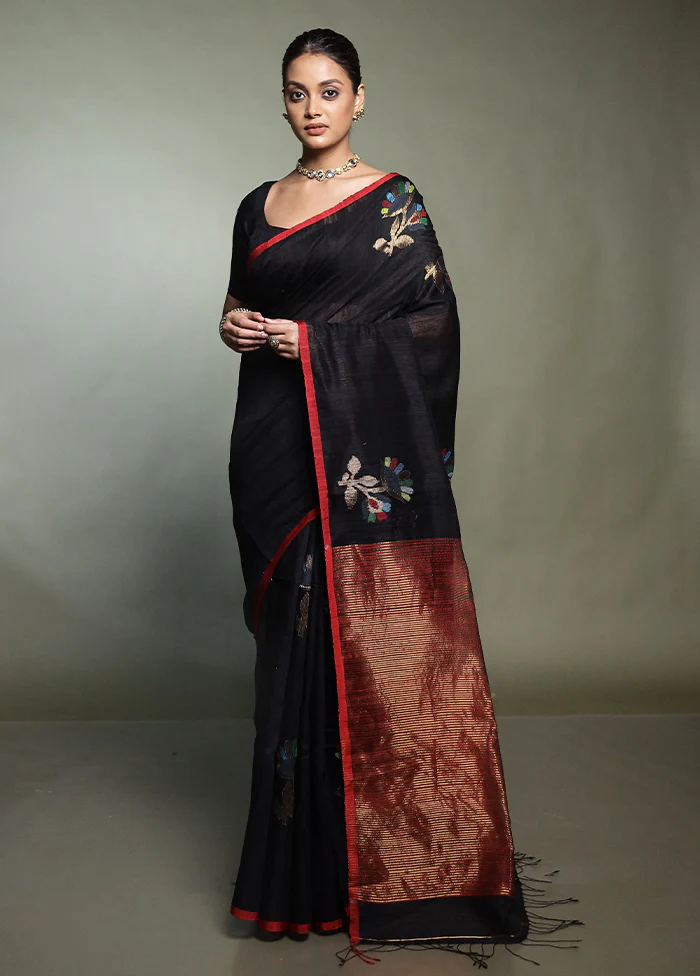 Black Handloom Matka Pure Silk Saree With Blouse Piece - Image 2