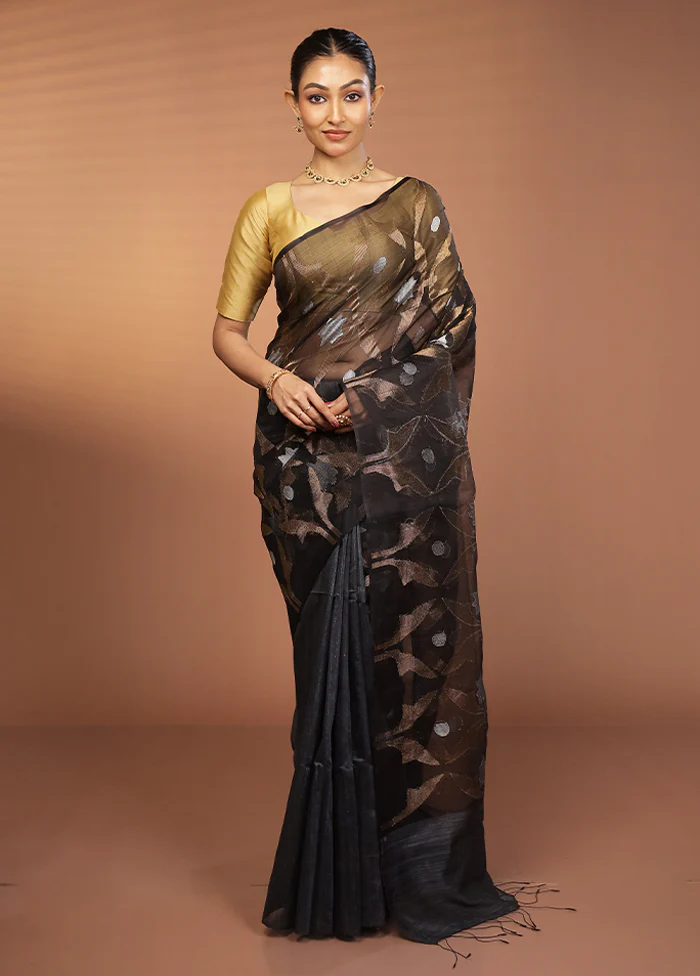 Black Handloom Matka Pure Silk Saree With Blouse Piece - Image 2