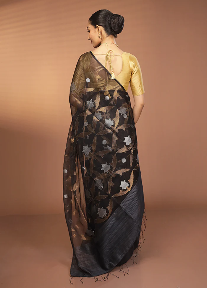 Black Handloom Matka Pure Silk Saree With Blouse Piece - Image 3