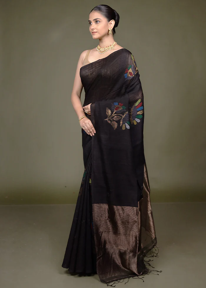Black Handloom Matka Pure Silk Saree With Blouse Piece - Image 4