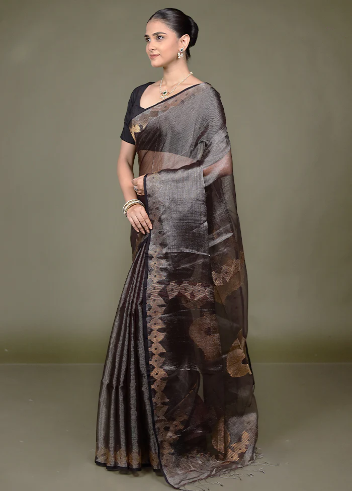 Black Handloom Matka Pure Silk Saree With Blouse Piece - Image 4