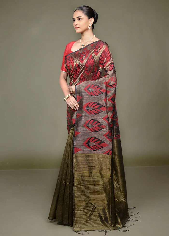 Black Handloom Matka Pure Silk Saree With Blouse Piece - Image 4