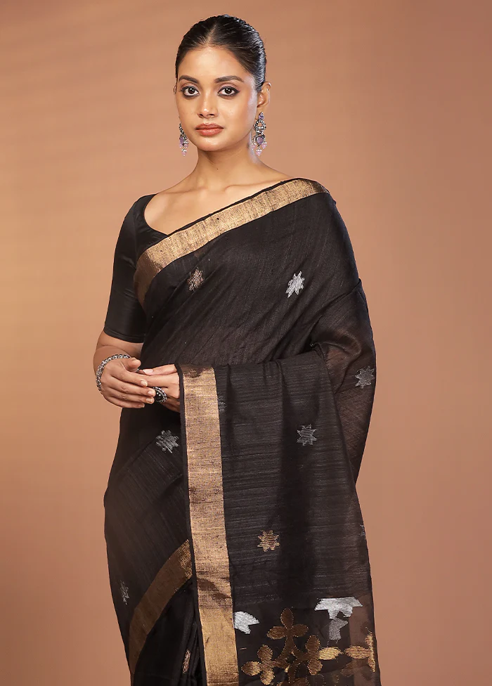 Black Handloom Matka Pure Silk Saree With Blouse Piece