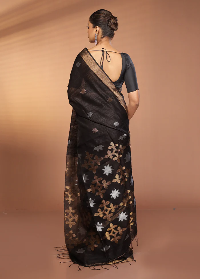 Black Handloom Matka Pure Silk Saree With Blouse Piece - Image 3