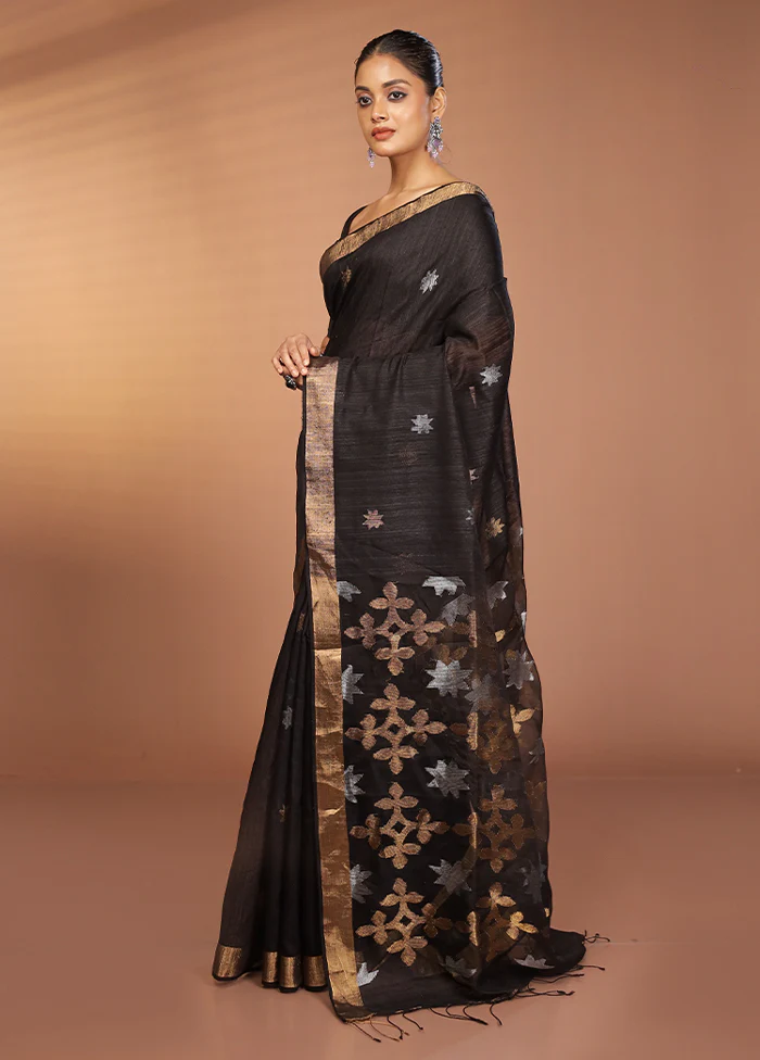 Black Handloom Matka Pure Silk Saree With Blouse Piece - Image 4