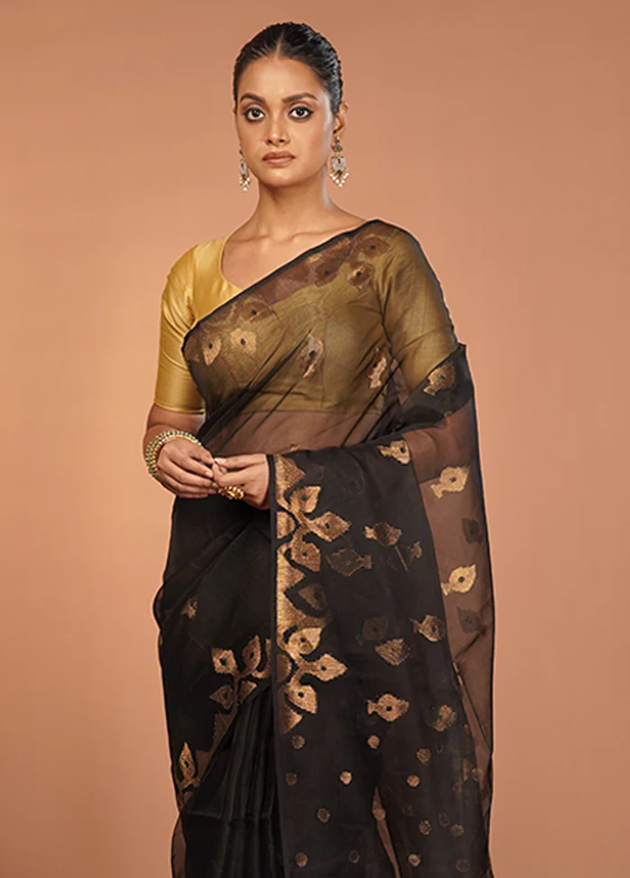 Black Handloom Matka Pure Silk Saree With Blouse Piece