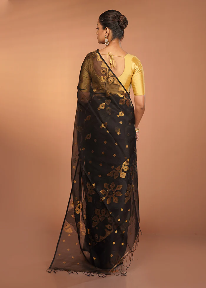 Black Handloom Matka Pure Silk Saree With Blouse Piece - Image 3