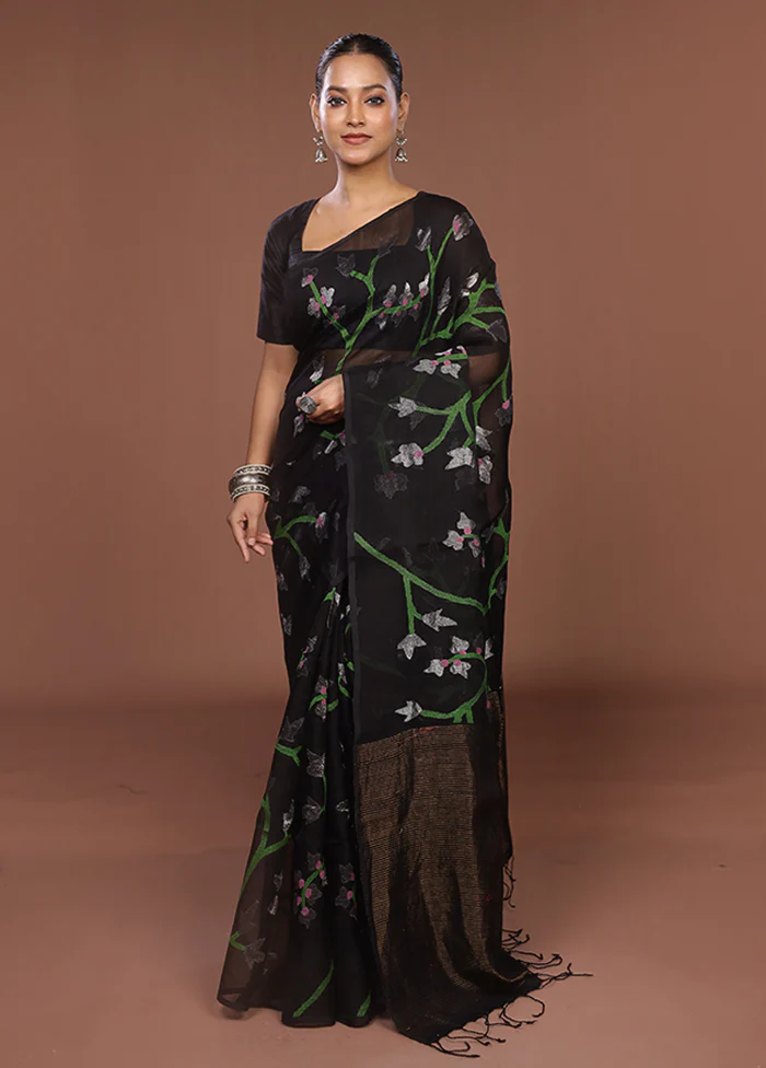 Black Handloom Matka Pure Silk Saree With Blouse Piece - Image 2