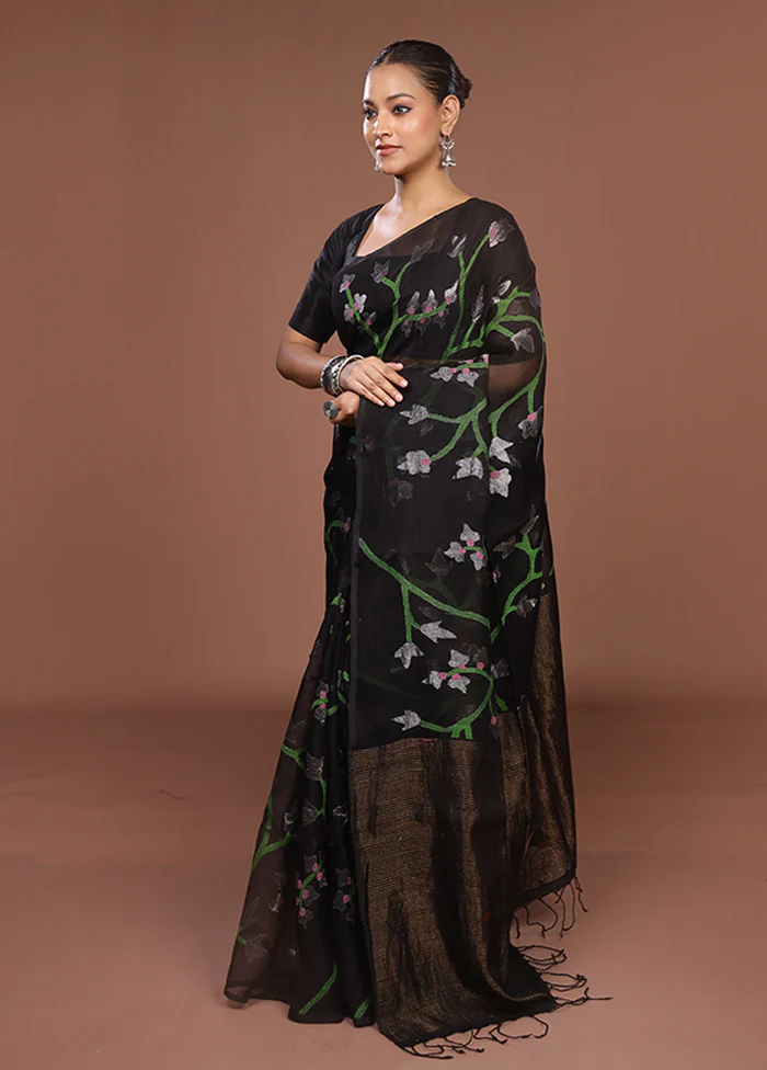 Black Handloom Matka Pure Silk Saree With Blouse Piece - Image 4