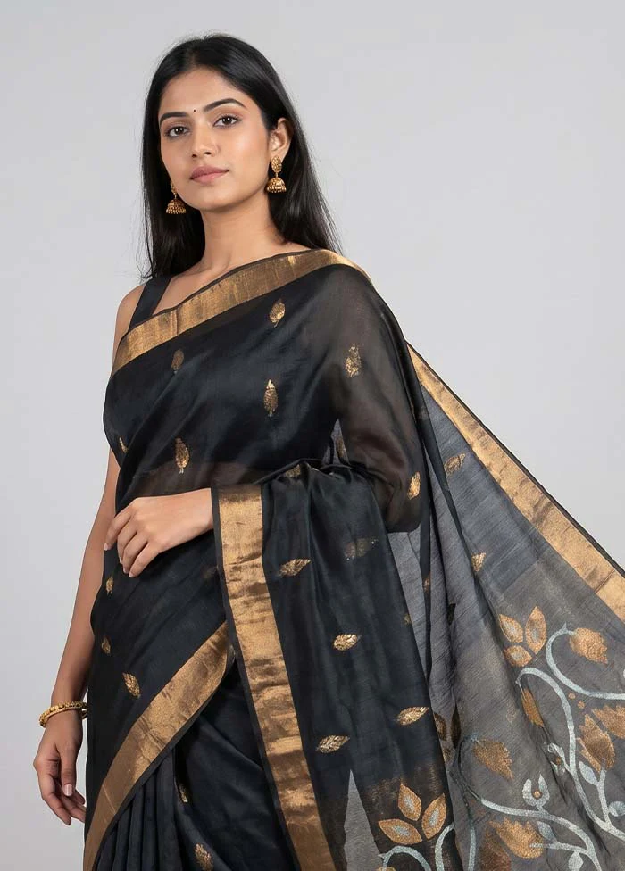 Black Handloom Matka Pure Silk Saree With Blouse Piece - Image 2