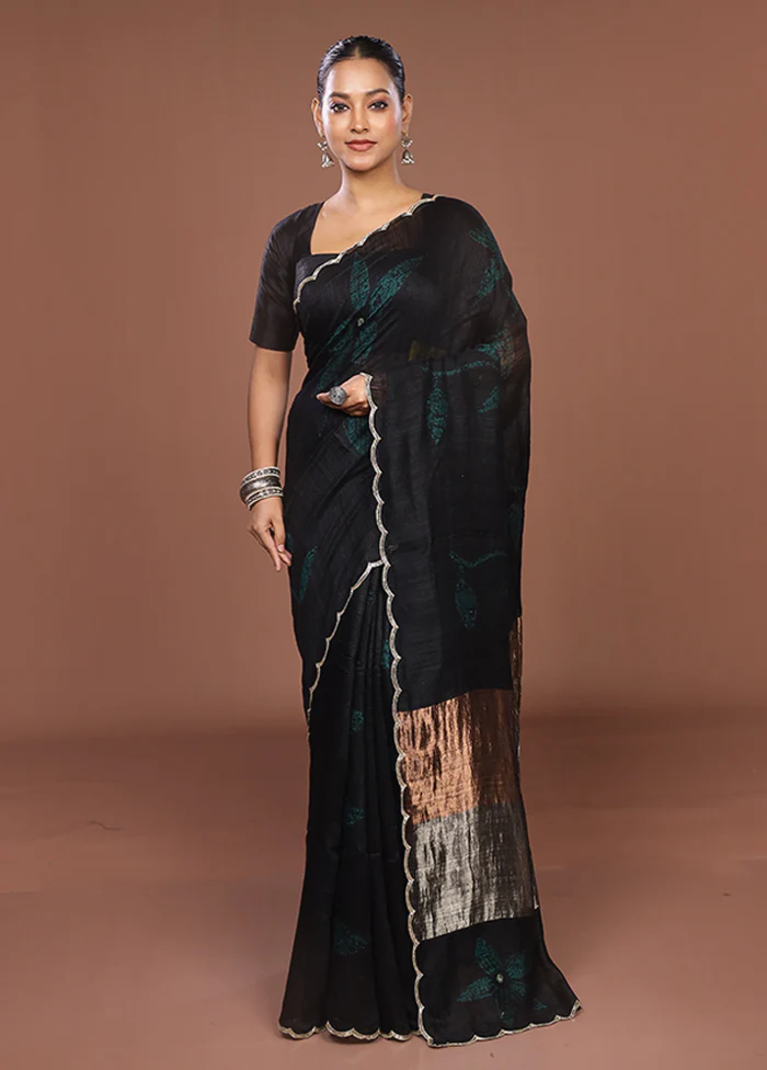 Black Handloom Matka Pure Silk Saree With Blouse Piece - Image 2