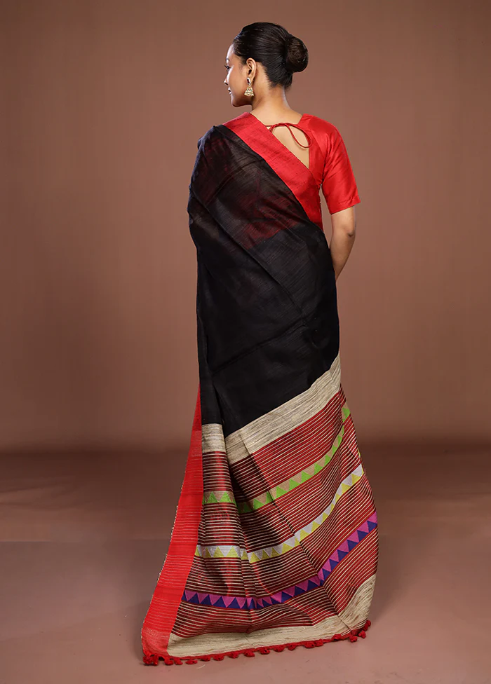 Black Handloom Matka Pure Silk Saree With Blouse Piece - Image 3