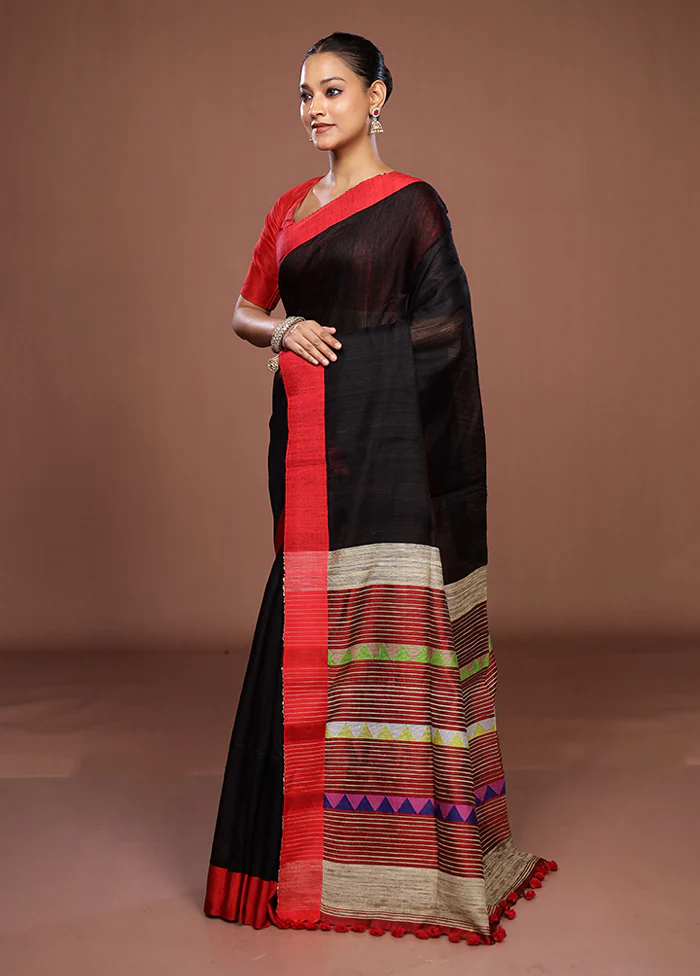 Black Handloom Matka Pure Silk Saree With Blouse Piece - Image 4