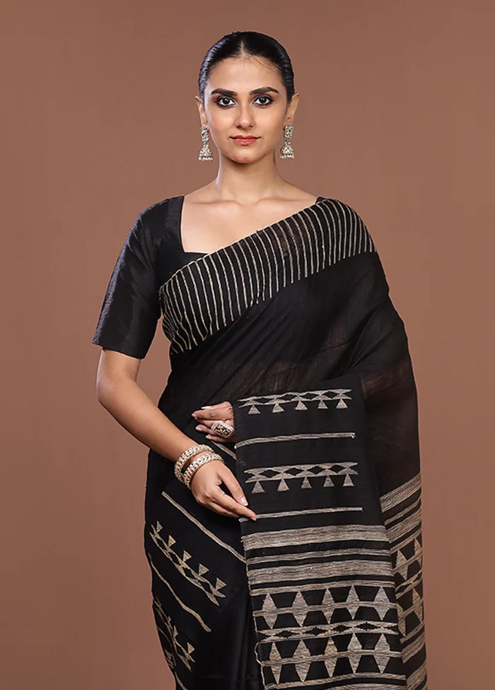 Black Handloom Matka Pure Silk Saree With Blouse Piece