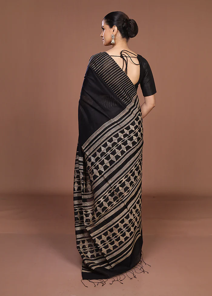 Black Handloom Matka Pure Silk Saree With Blouse Piece - Image 3